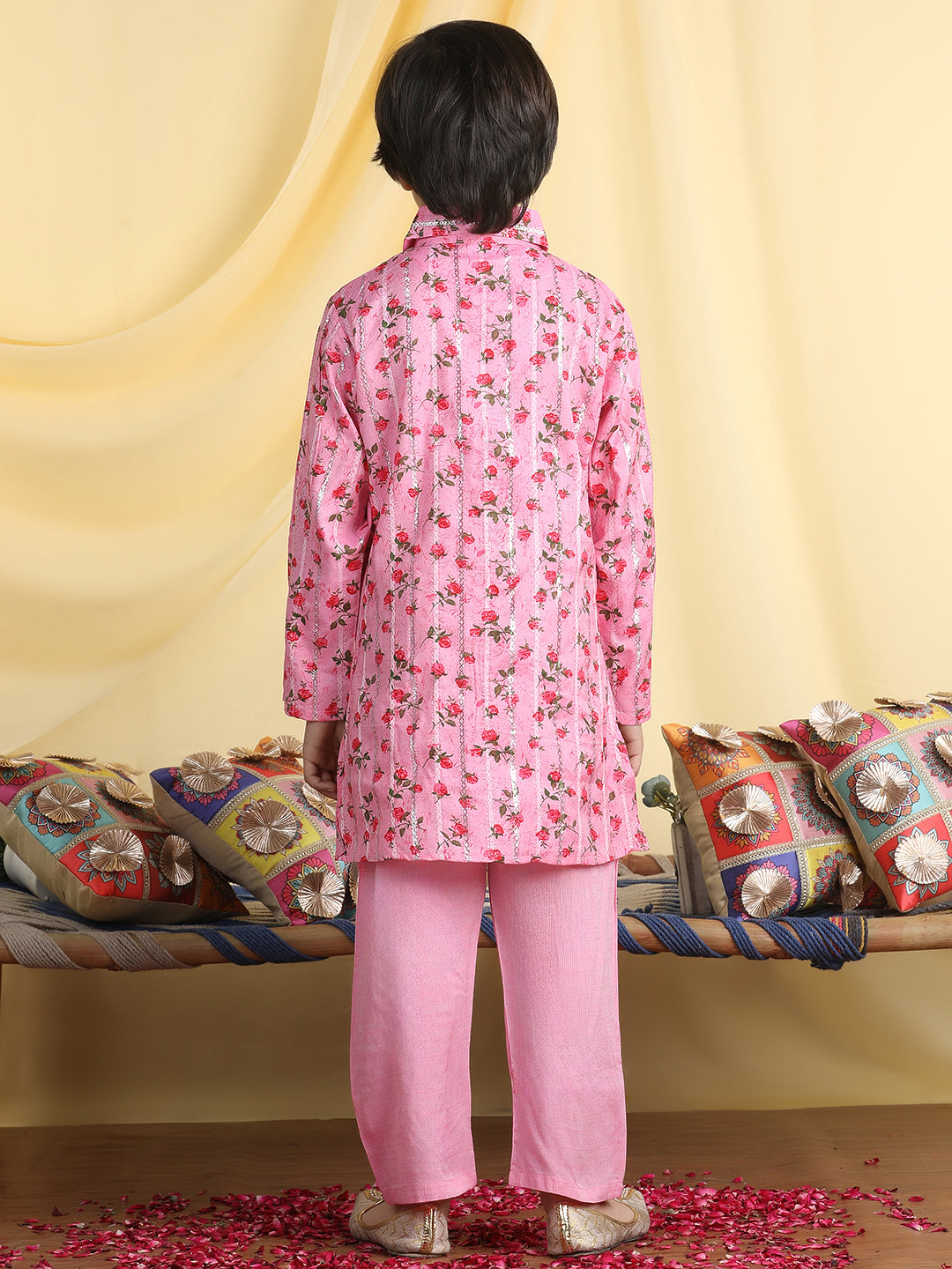 Cutiekins Boys Floral Print Shirt Collar Kurta with Pajama -Pink & Red