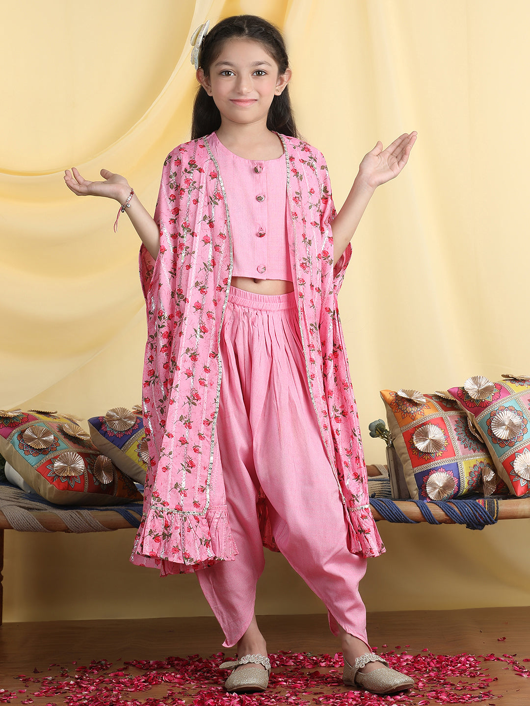 Cutiekins Girls Solid Crop Top & Dhoti Pant With Floral Print Shrug -Pink & Red