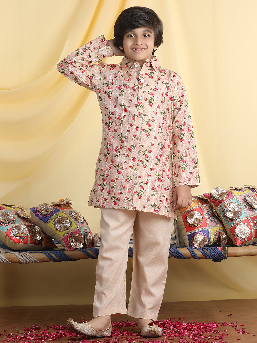 Cutiekins Boys Floral Print Shirt Collar Kurta with Pajama -Beige & Red
