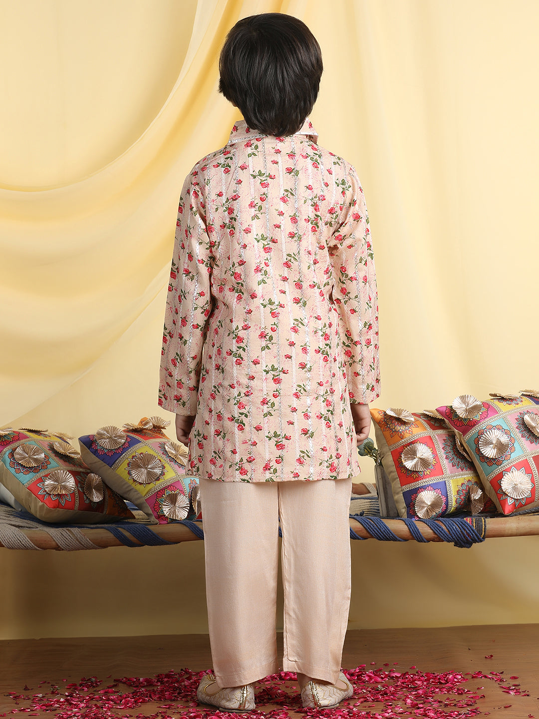Cutiekins Boys Floral Print Shirt Collar Kurta with Pajama -Beige & Red