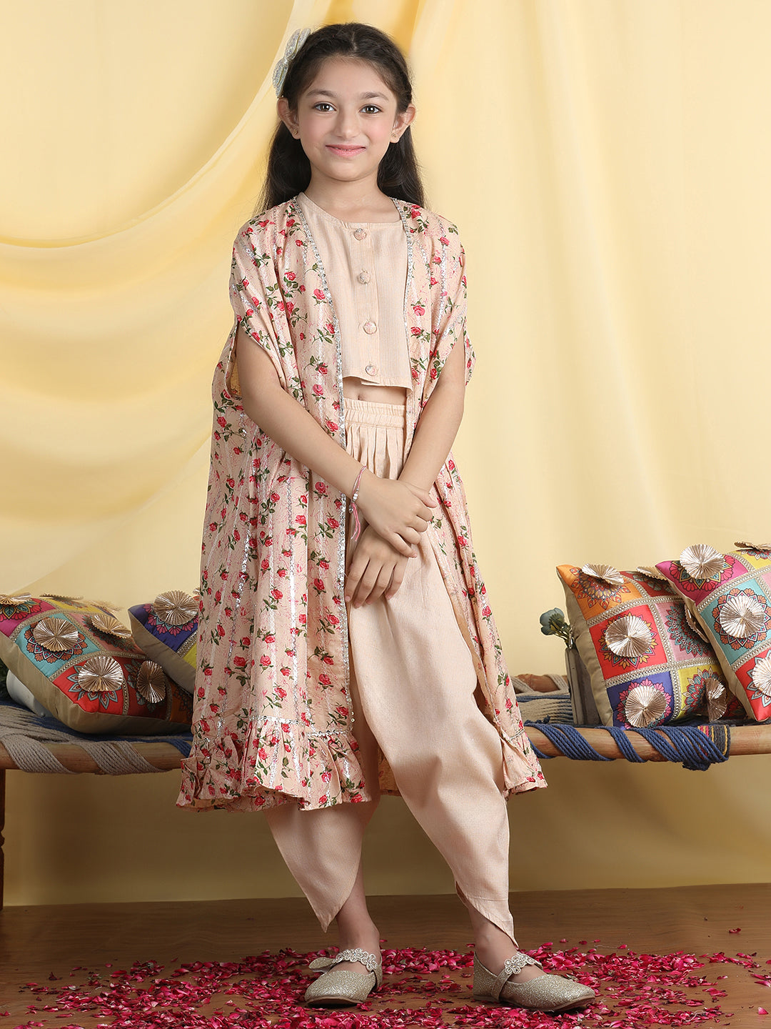 Cutiekins Girls Solid Crop Top & Dhoti Pant With Floral Print Shrug -Beige & Red