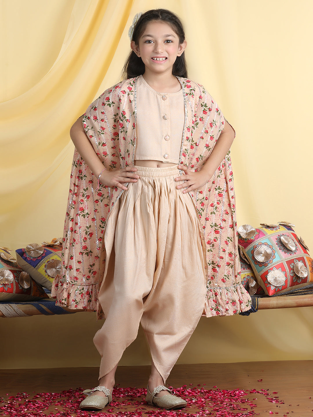 Cutiekins Girls Solid Crop Top & Dhoti Pant With Floral Print Shrug -Beige & Red