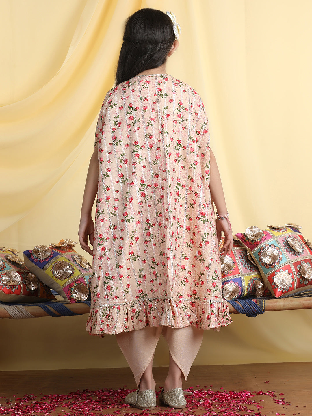 Cutiekins Girls Solid Crop Top & Dhoti Pant With Floral Print Shrug -Beige & Red