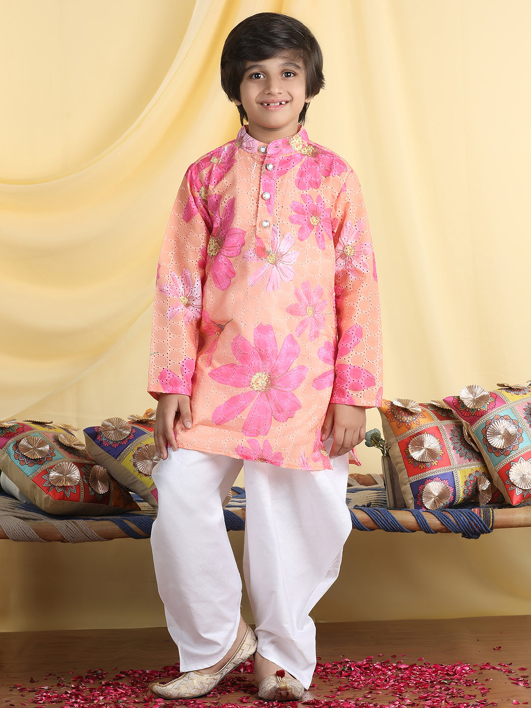 Cutiekins Boys Floral Print Mandarin Collar Kurta with Dhoti -Orange & White