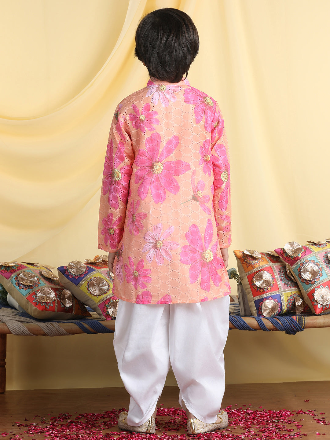Cutiekins Boys Floral Print Mandarin Collar Kurta with Dhoti -Orange & White