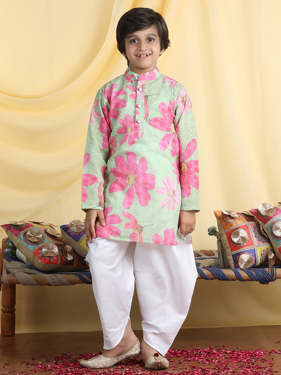 Cutiekins Boys Floral Print Mandarin Collar Kurta with Dhoti -Green & White