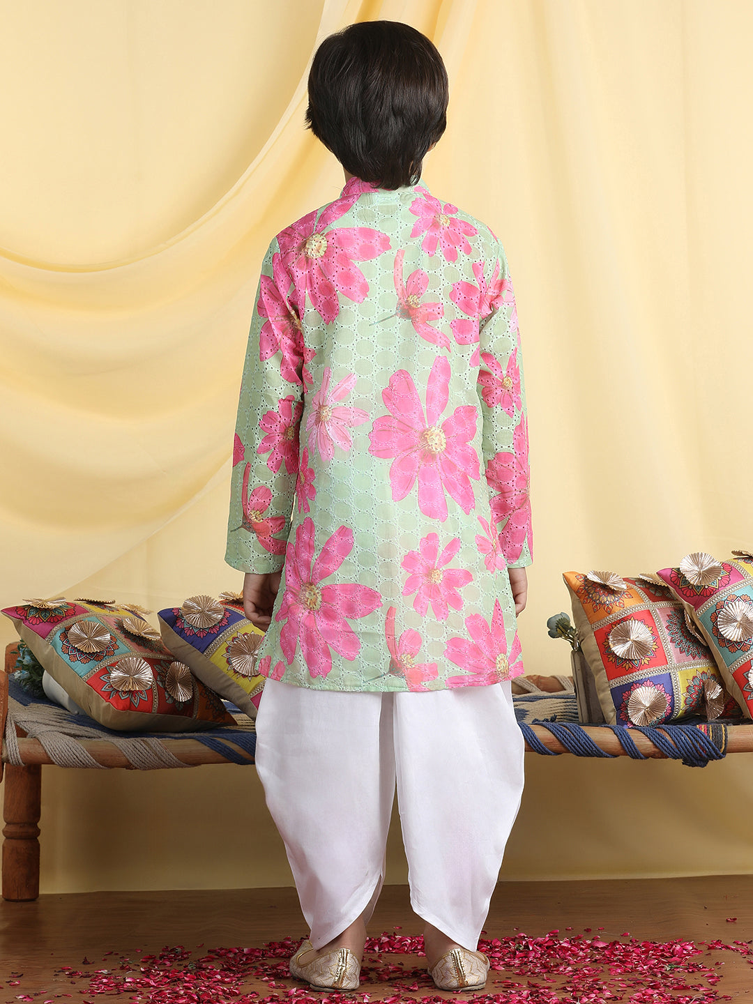 Cutiekins Boys Floral Print Mandarin Collar Kurta with Dhoti -Green & White