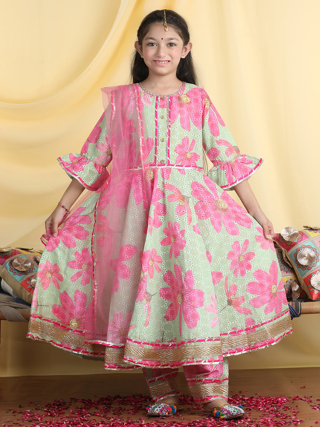 Cutiekins Girl Floral Print Anarkali Kurta & Palazzo With Dupatta -Green & Pink