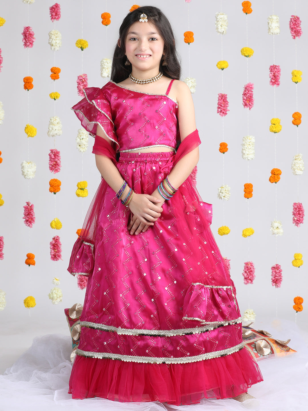 Cutiekins Girls Embroidered Mirror Work Ready to Wear Lehenga & Blouse With Dupatta