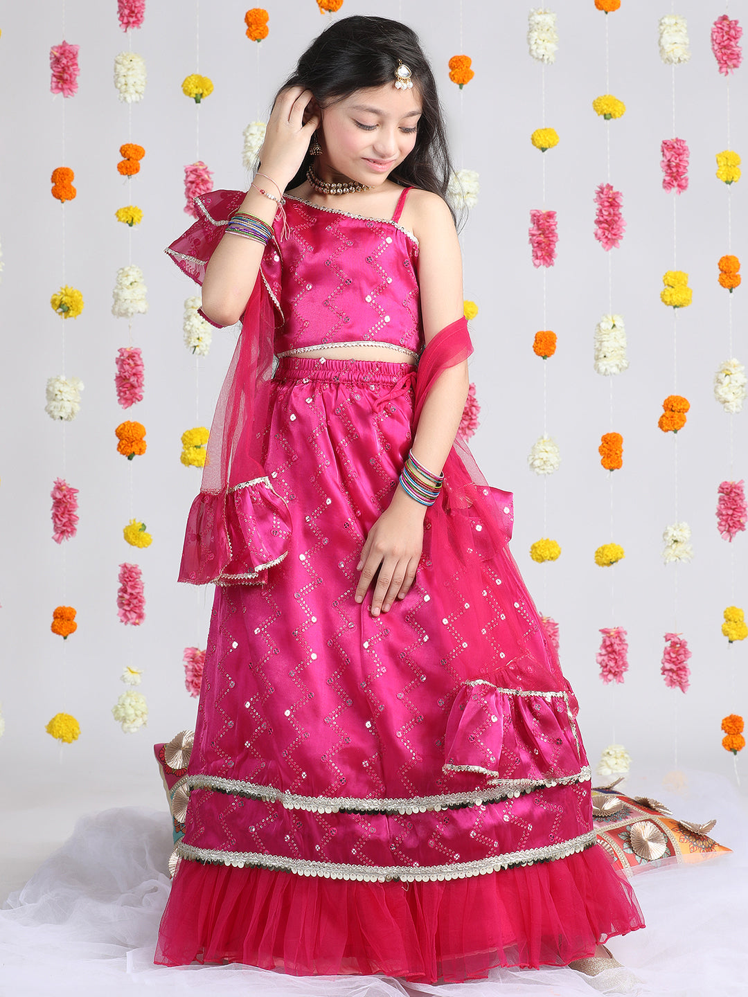 Cutiekins Girls Embroidered Mirror Work Ready to Wear Lehenga & Blouse With Dupatta
