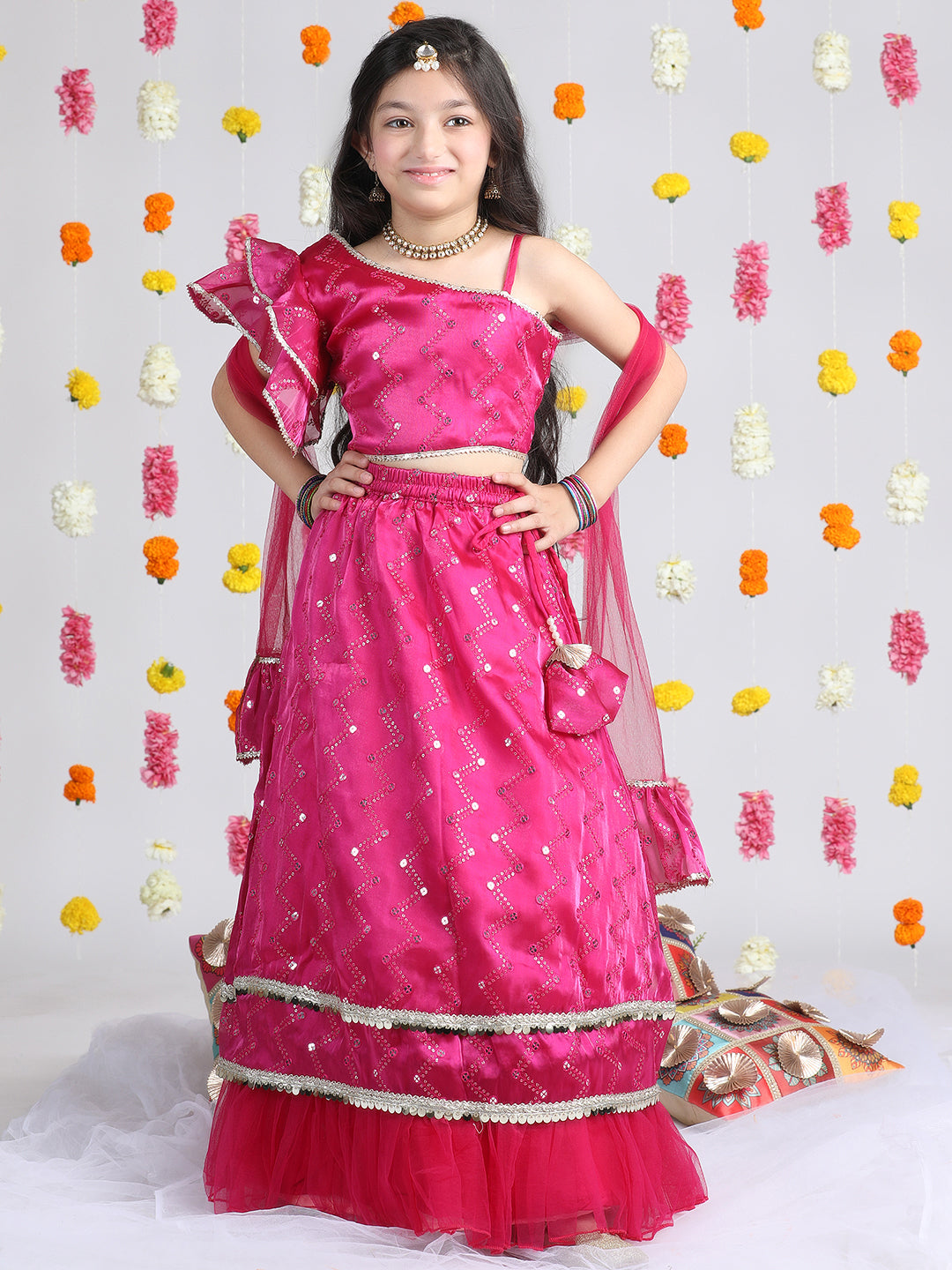 Cutiekins Girls Embroidered Mirror Work Ready to Wear Lehenga & Blouse With Dupatta
