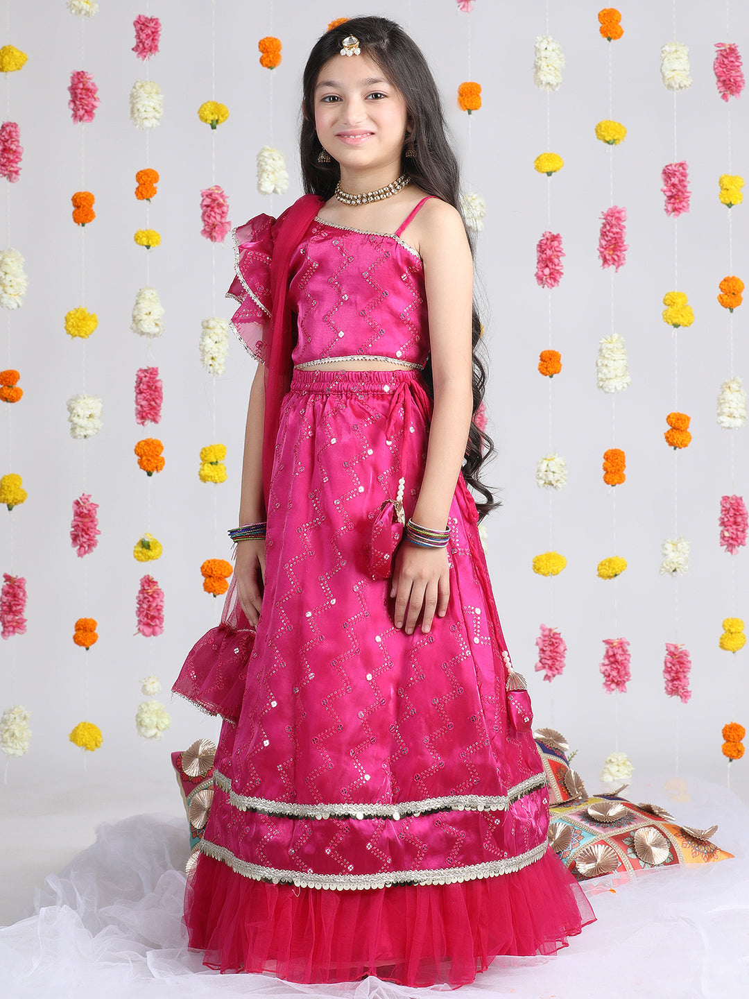 Cutiekins Girls Embroidered Mirror Work Ready to Wear Lehenga & Blouse With Dupatta