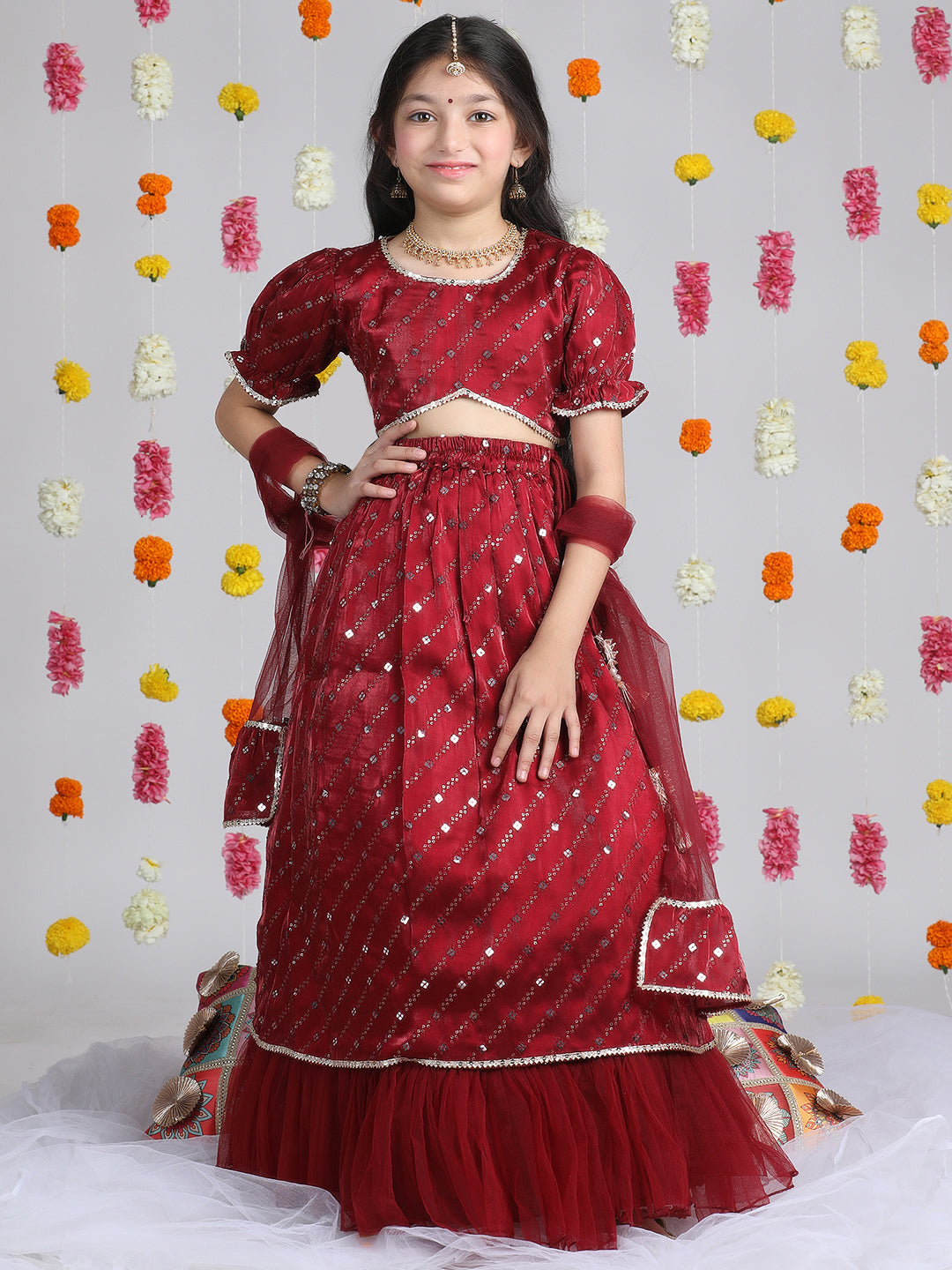Cutiekins Girls Embroidered Mirror Work Ready to Wear Lehenga & Choli With Dupatta -Maroon & Gold