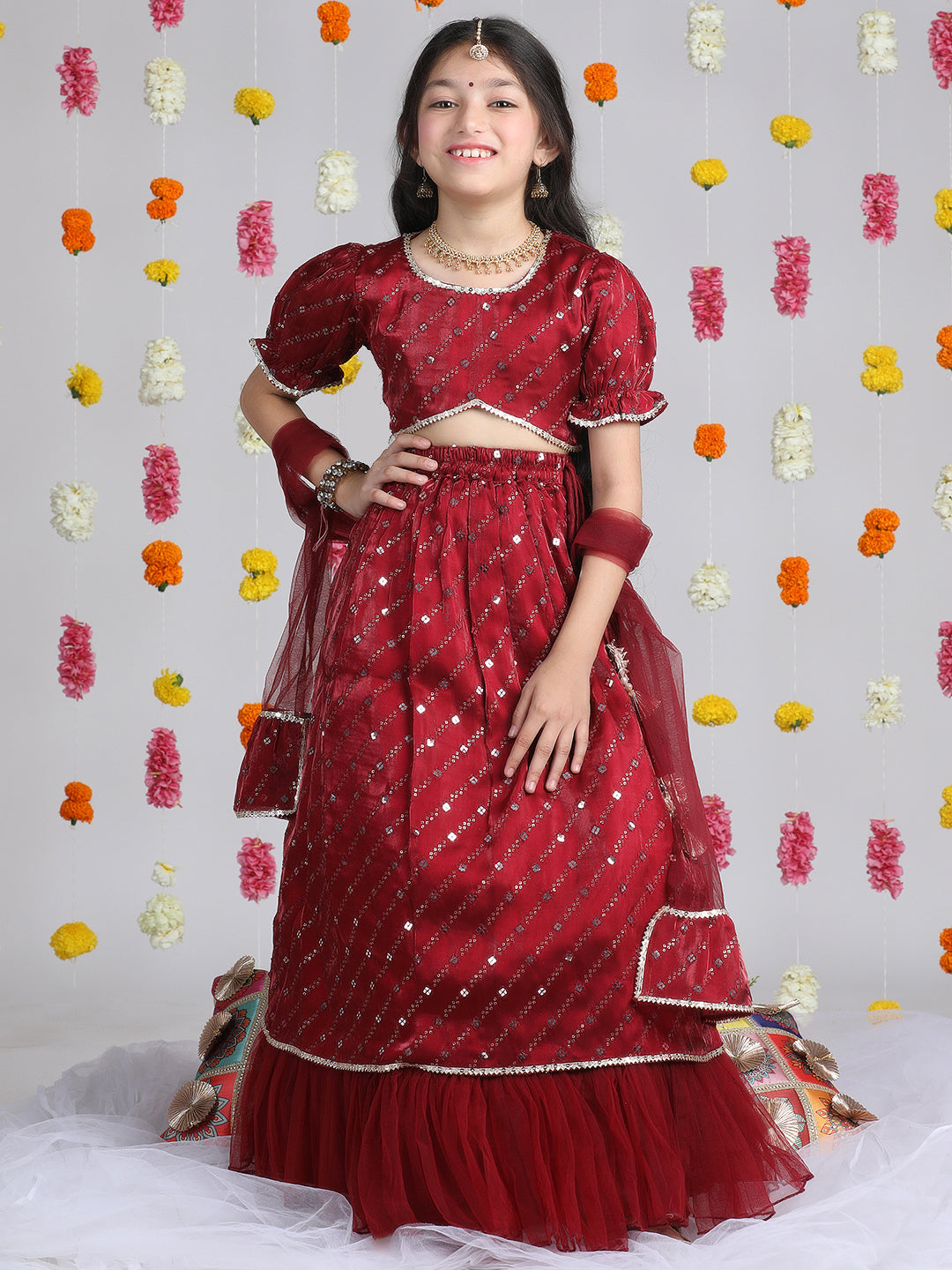 Cutiekins Girls Embroidered Mirror Work Ready to Wear Lehenga & Choli With Dupatta -Maroon & Gold