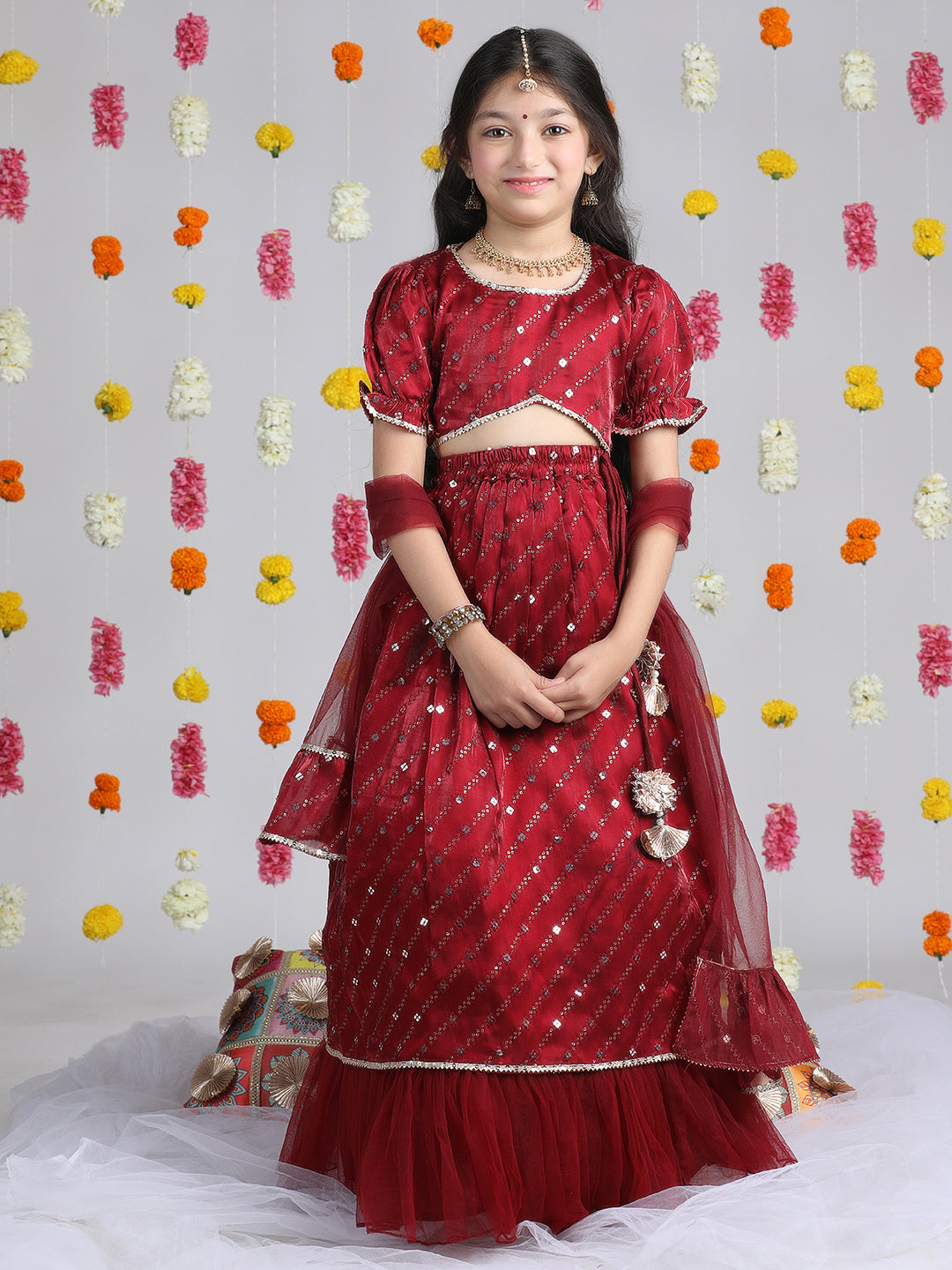 Cutiekins Girls Embroidered Mirror Work Ready to Wear Lehenga & Choli With Dupatta -Maroon & Gold