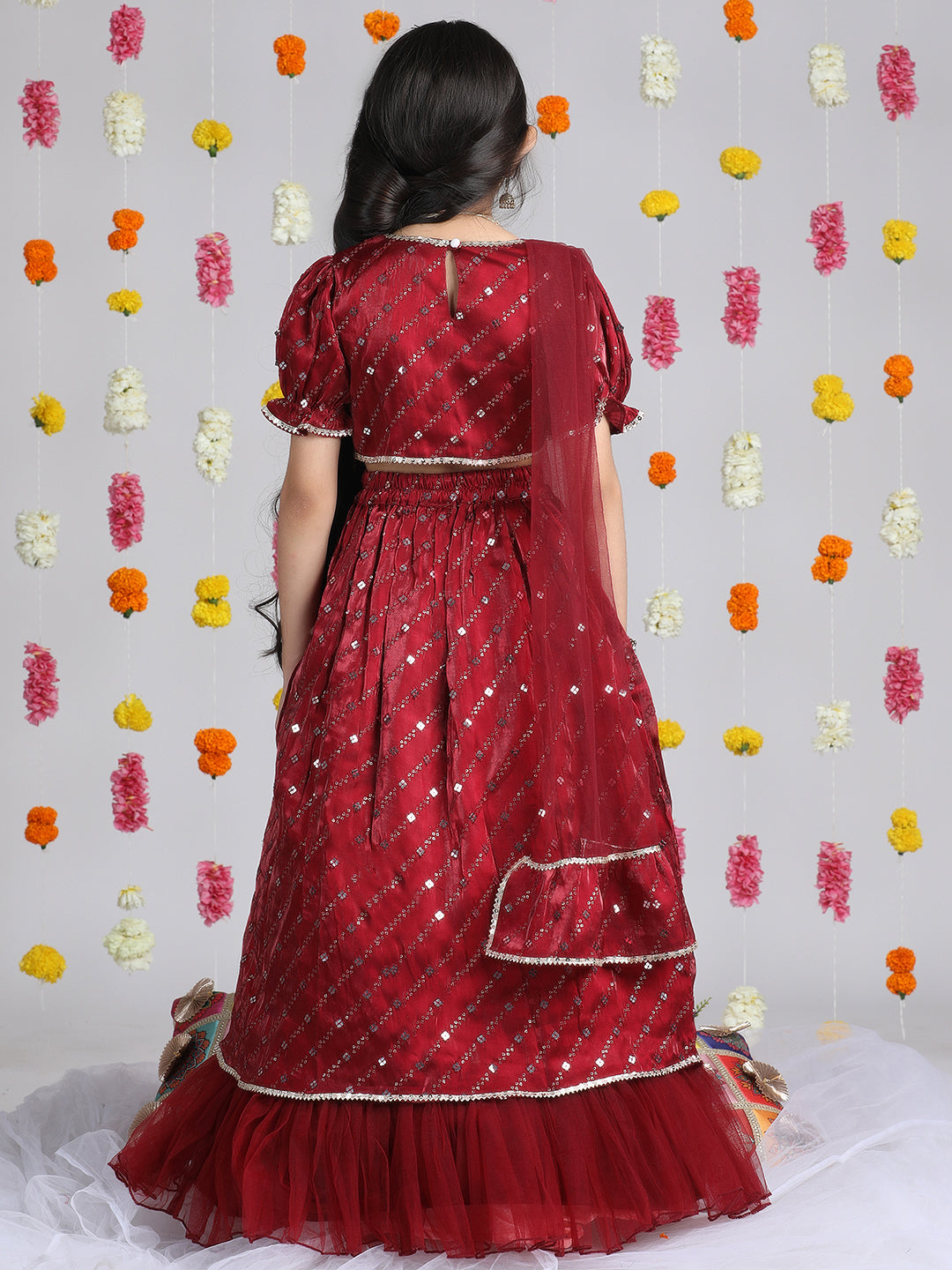 Cutiekins Girls Embroidered Mirror Work Ready to Wear Lehenga & Choli With Dupatta -Maroon & Gold