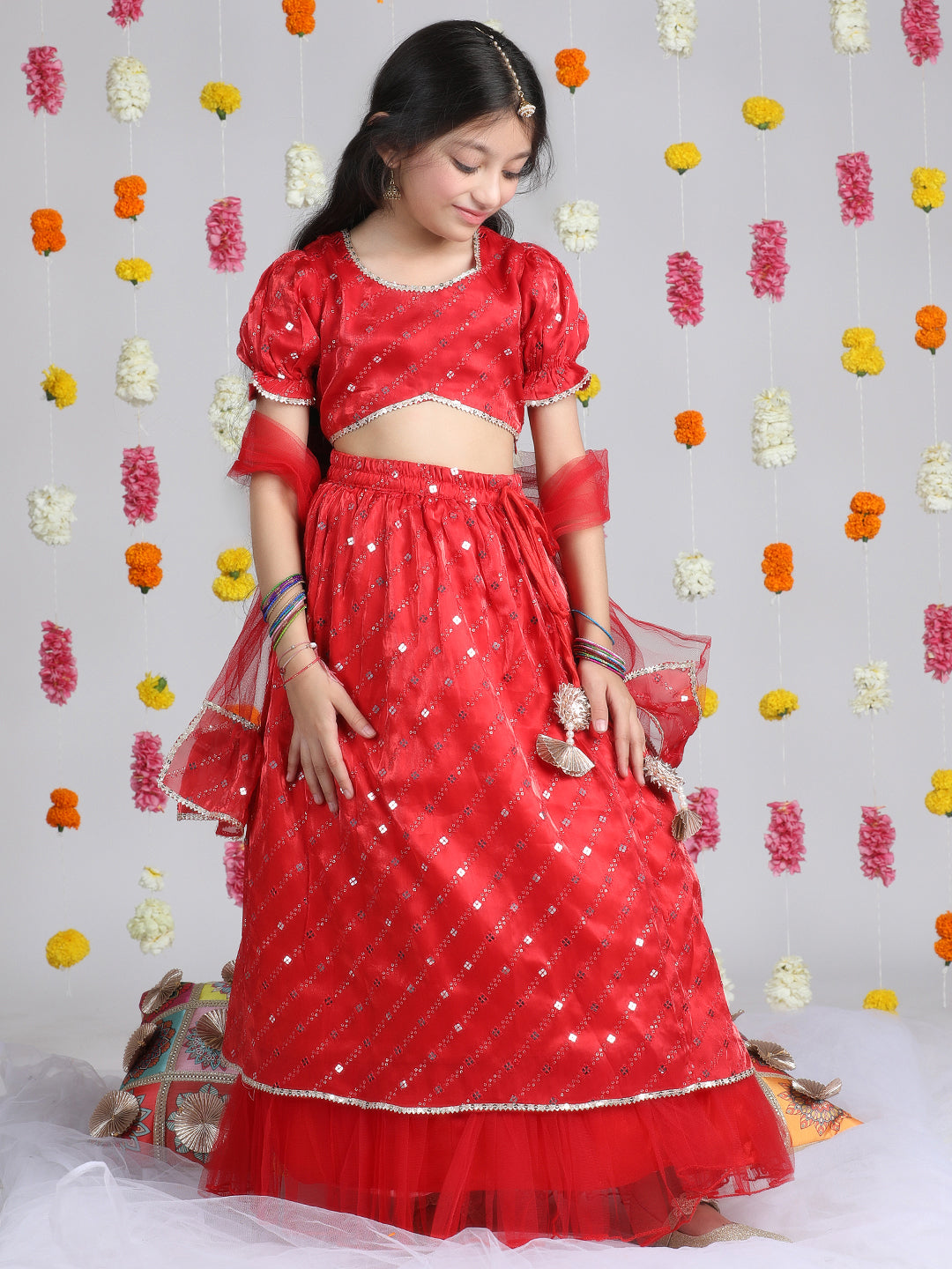 Cutiekins Girls Embroidered Mirror Work Ready to Wear Lehenga & Choli With Dupatta -Red & Gold