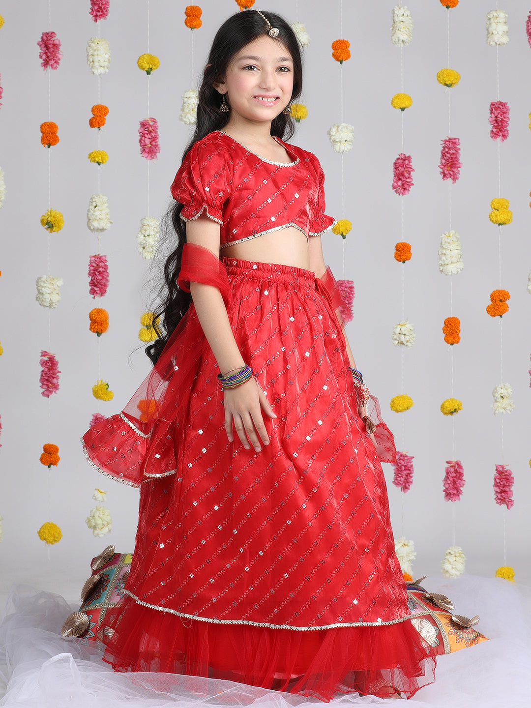 Cutiekins Girls Embroidered Mirror Work Ready to Wear Lehenga & Choli With Dupatta -Red & Gold