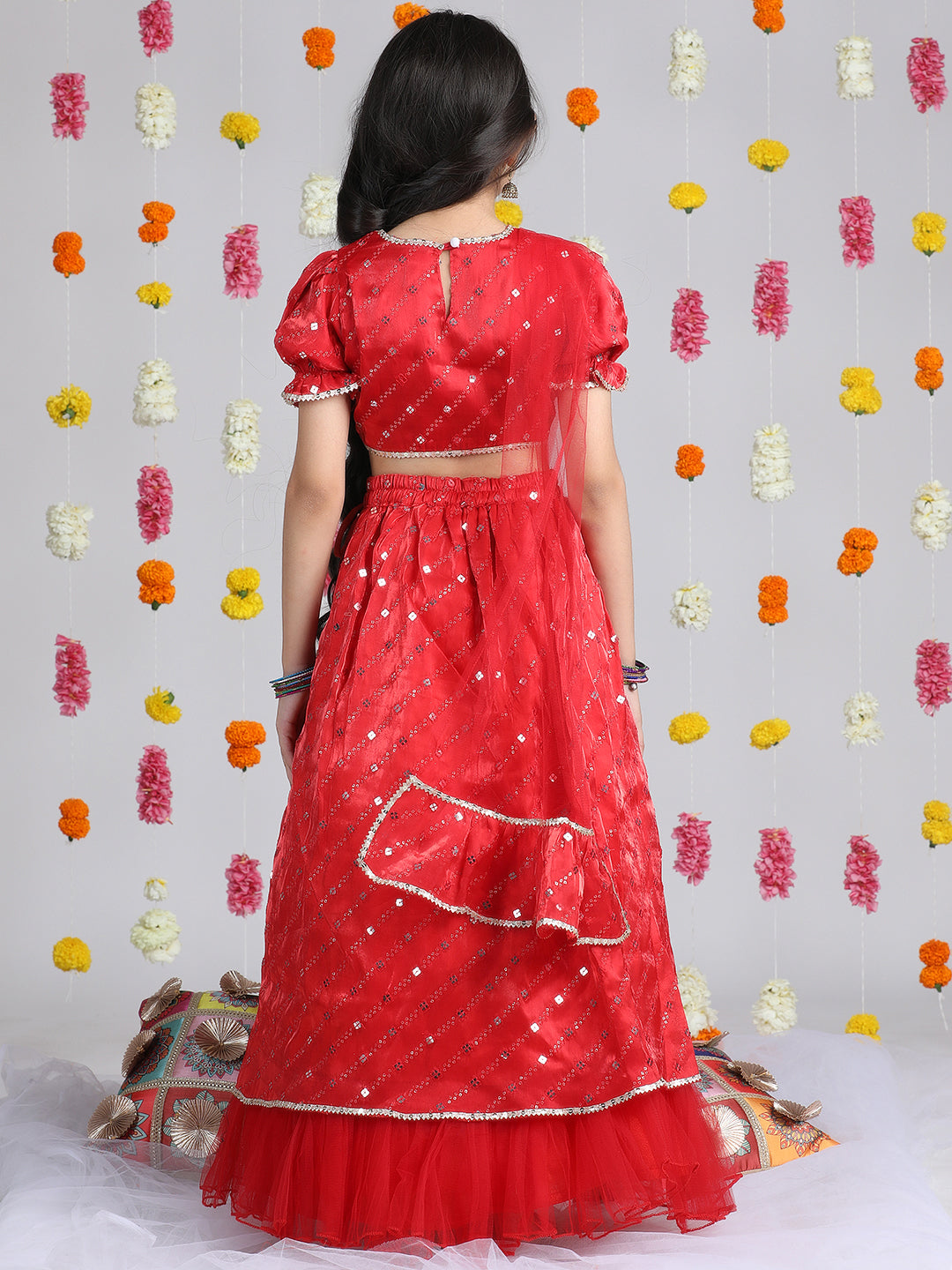 Cutiekins Girls Embroidered Mirror Work Ready to Wear Lehenga & Choli With Dupatta -Red & Gold