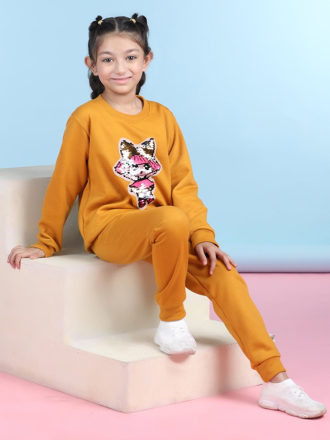 Cutiekins Girls Mustard & Pink Sweatshirt With Trackpant
