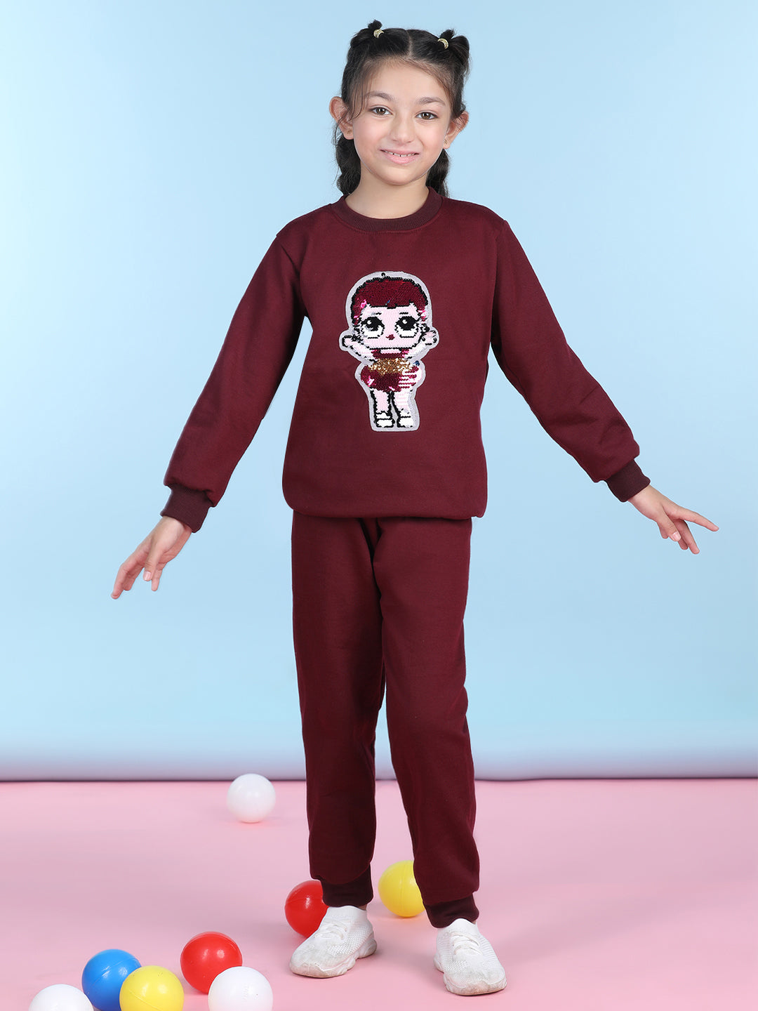Cutiekins Girls Maroon & Pink Sweatshirt With Trackpant