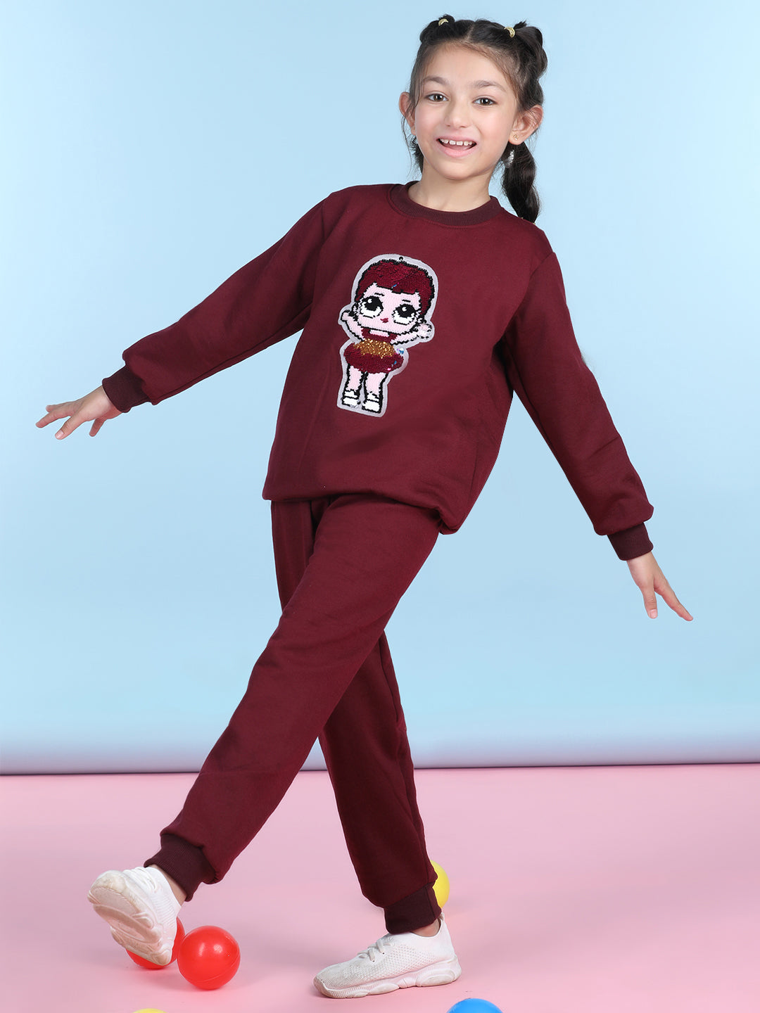 Cutiekins Girls Maroon & Pink Sweatshirt With Trackpant