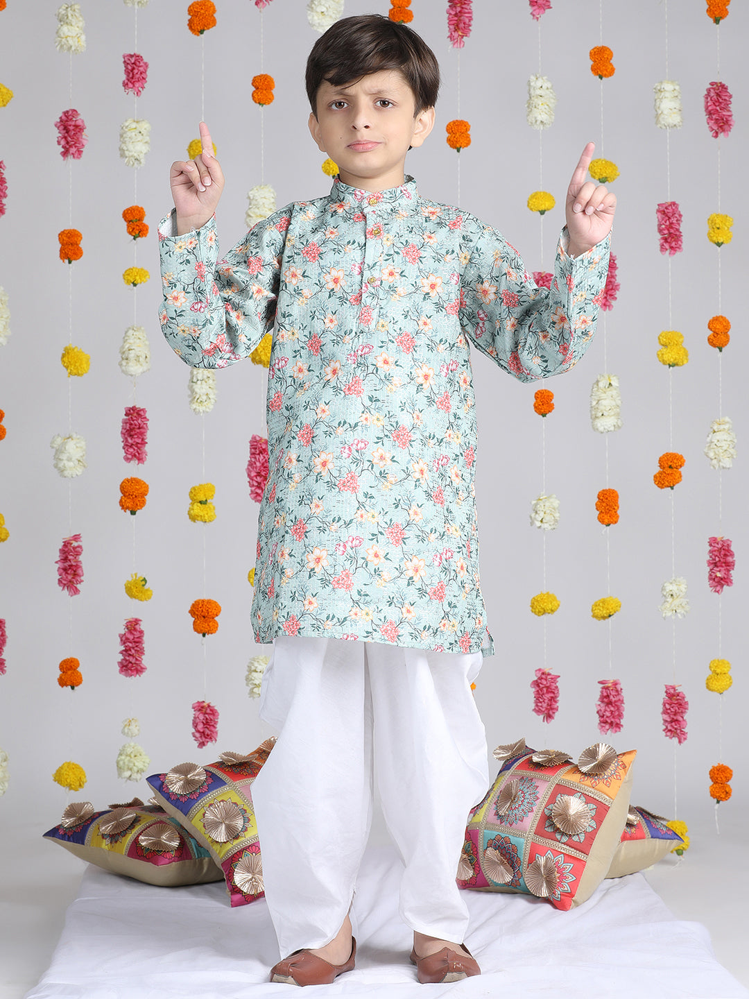 Cutiekins Boys Floral Printed Regular Kurta with Dhoti Pant -Sky Blue & White