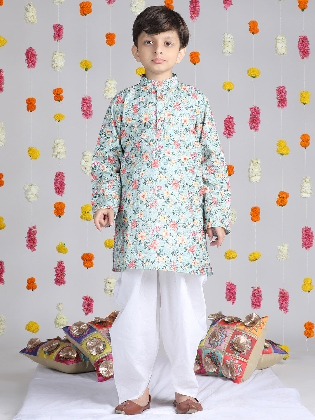 Cutiekins Boys Floral Printed Regular Kurta with Dhoti Pant -Sky Blue & White