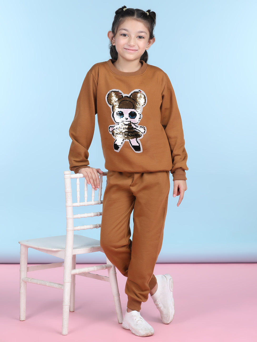 Cutiekins Girls Brown & Off White Sweatshirt With Trackpant