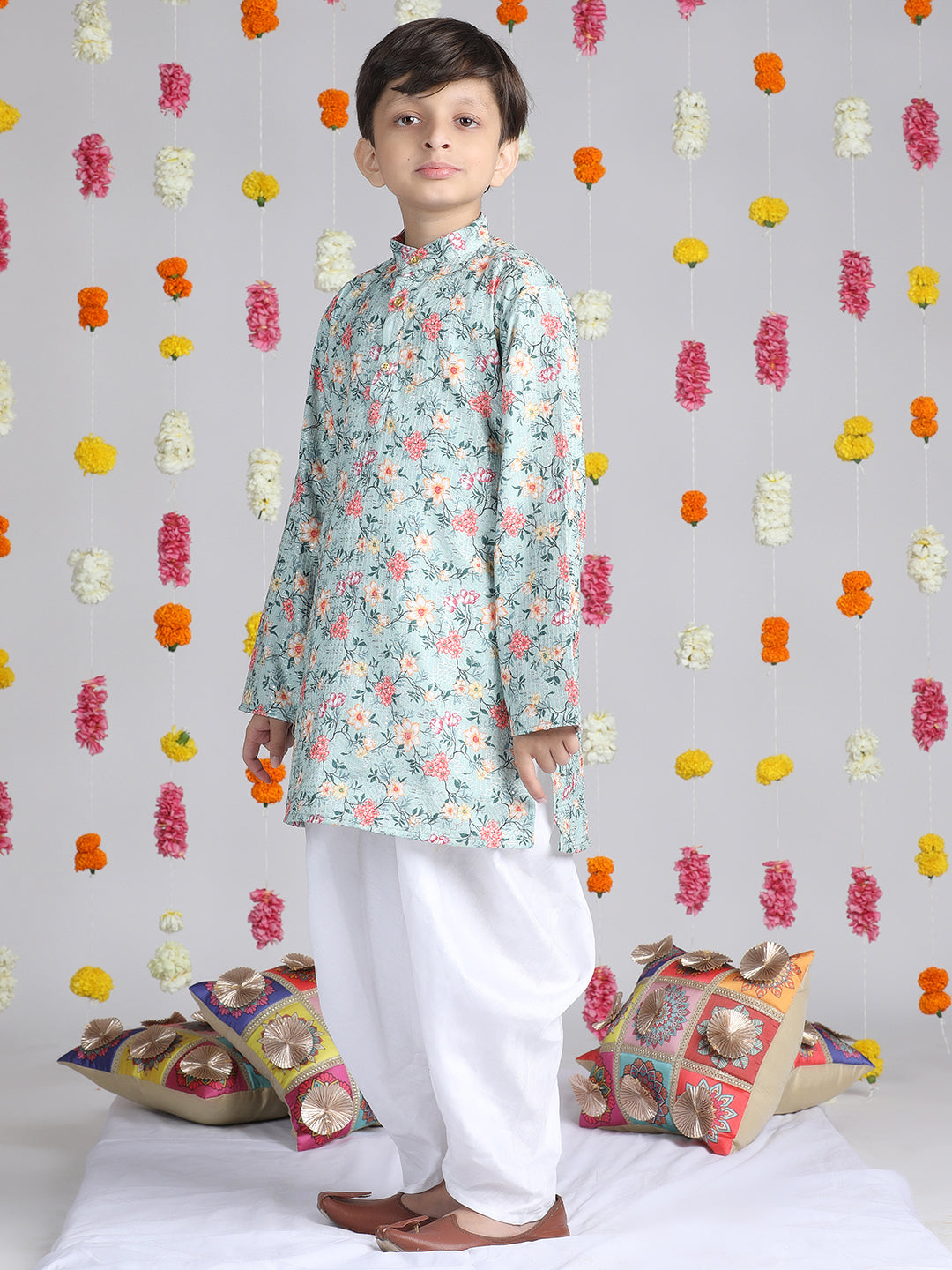 Cutiekins Boys Floral Printed Regular Kurta with Dhoti Pant -Sky Blue & White