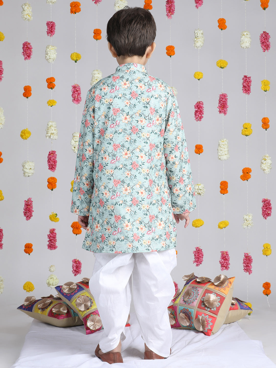 Cutiekins Boys Floral Printed Regular Kurta with Dhoti Pant -Sky Blue & White