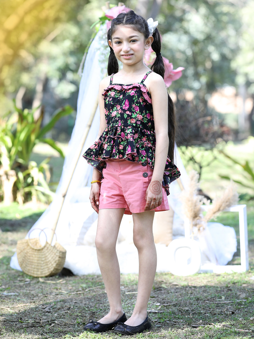 Cutiekins Shoulder Straps Printed Crop Top & Shorts Set -Black & Peach