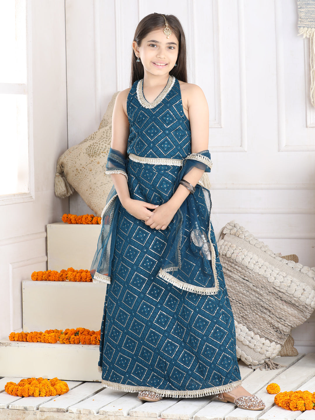 Cutiekins Sequinned Lehenga Choli & Dupatta Set-Teal Blue & Golden