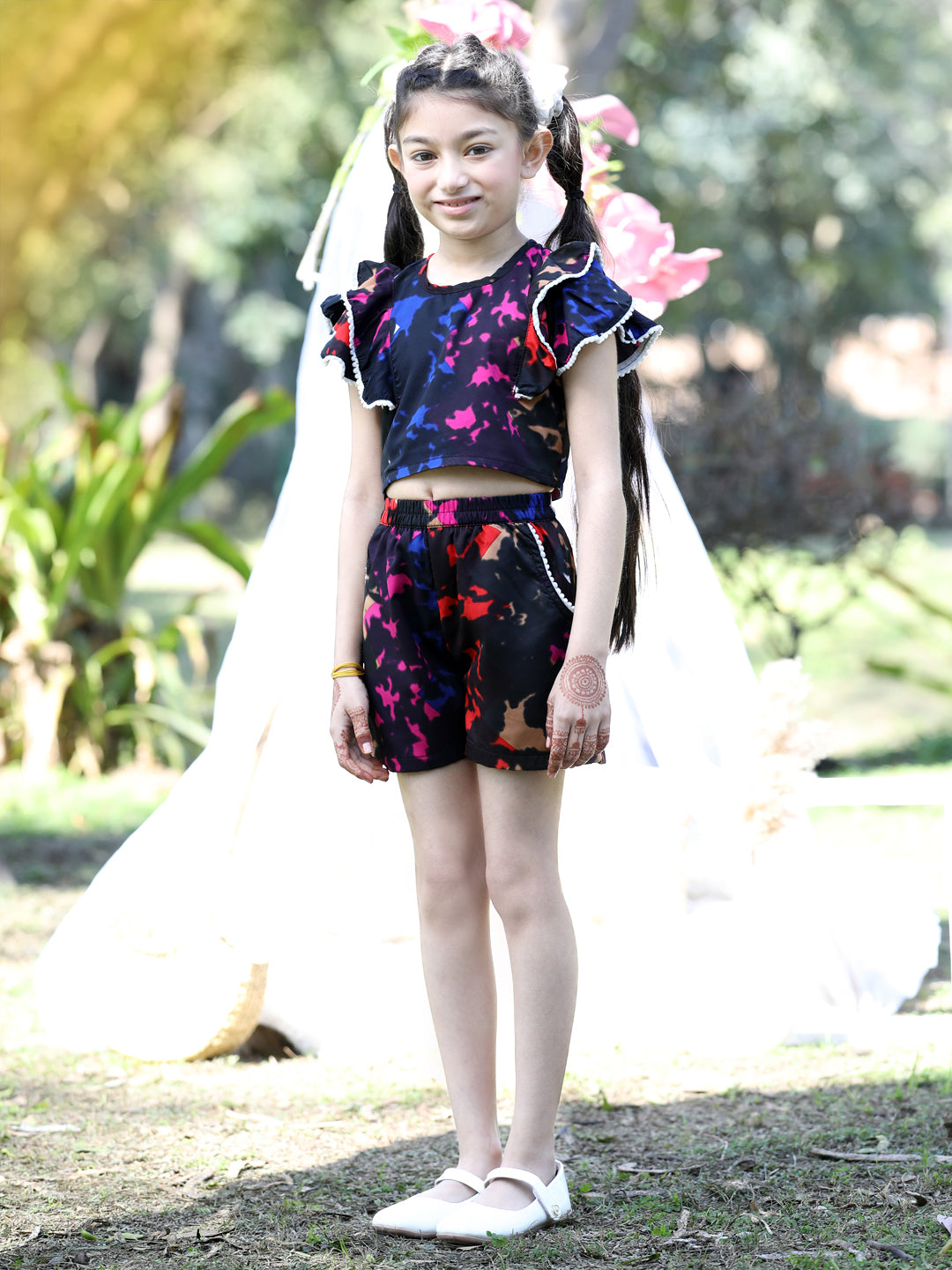 Cutiekins Round Neck Printed Crop Top & Shorts Set -Black & Pink