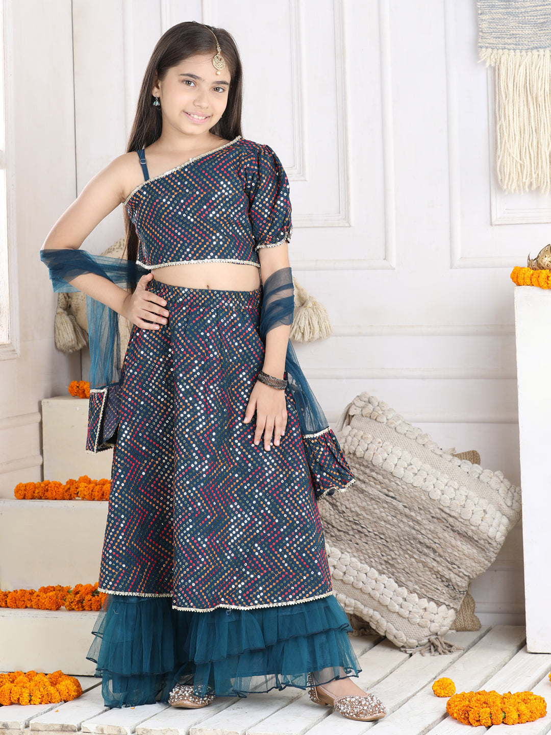 Cutiekins Sequinned Lehenga Choli & Dupatta Set-Teal Blue & Golden