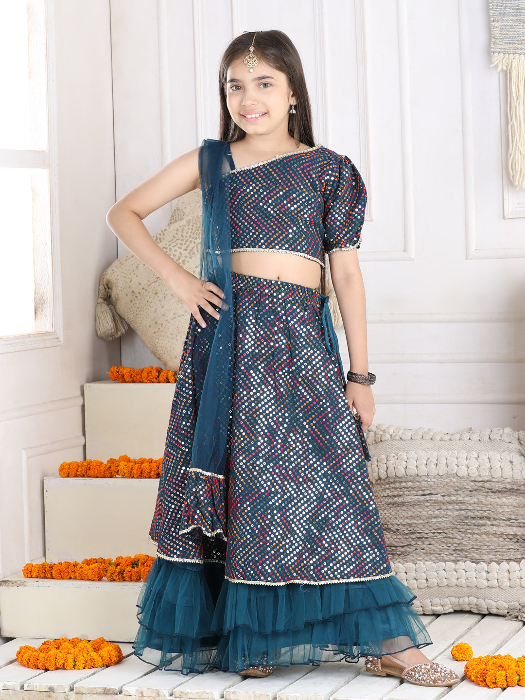 Cutiekins Sequinned Lehenga Choli & Dupatta Set-Teal Blue & Golden