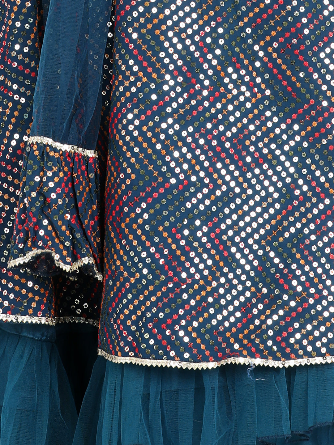 Cutiekins Sequinned Lehenga Choli & Dupatta Set-Teal Blue & Golden