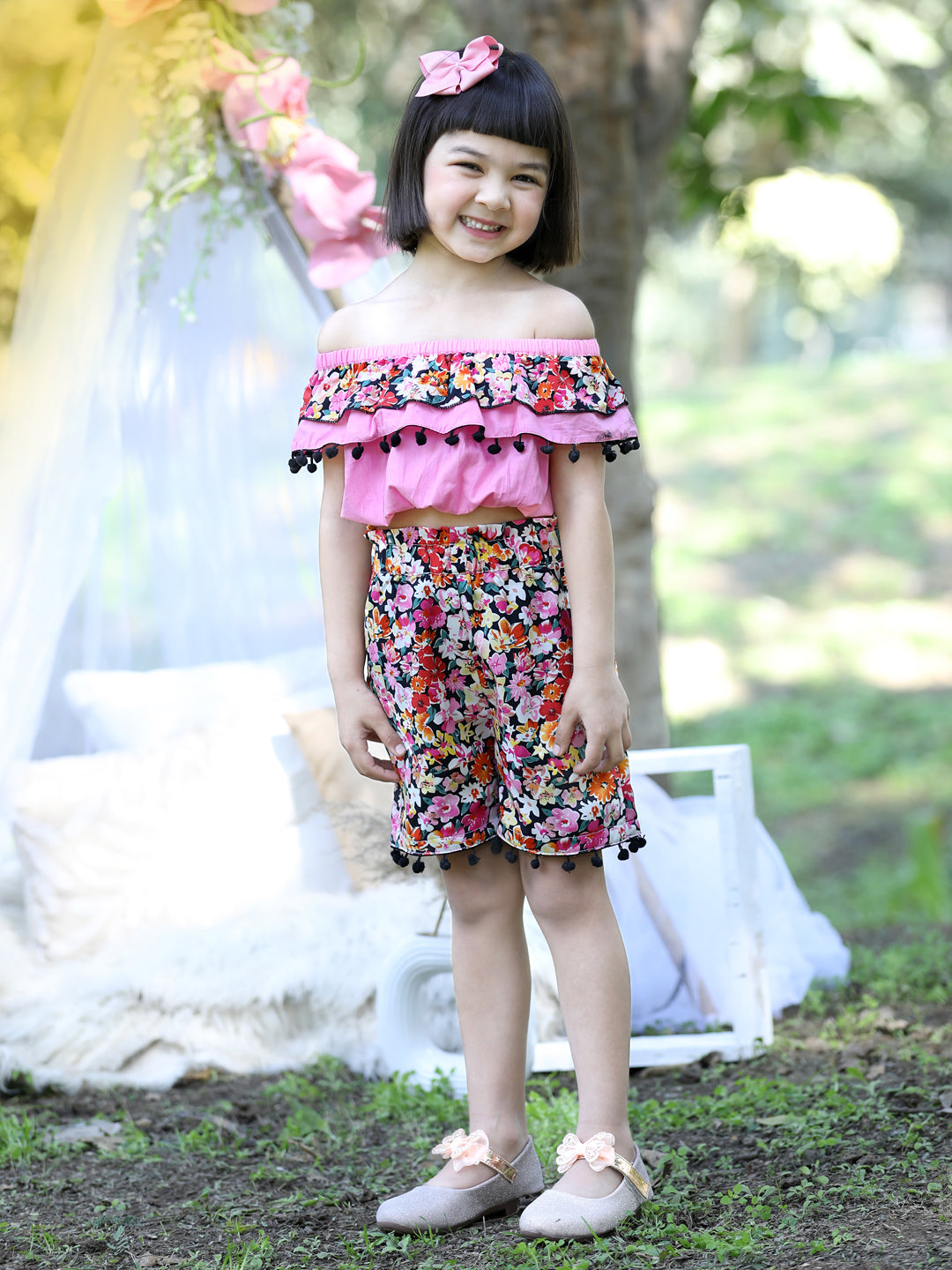 Cutiekins Off-Shoulder Solid Crop Top & Shorts Set -Light Pink & Multi