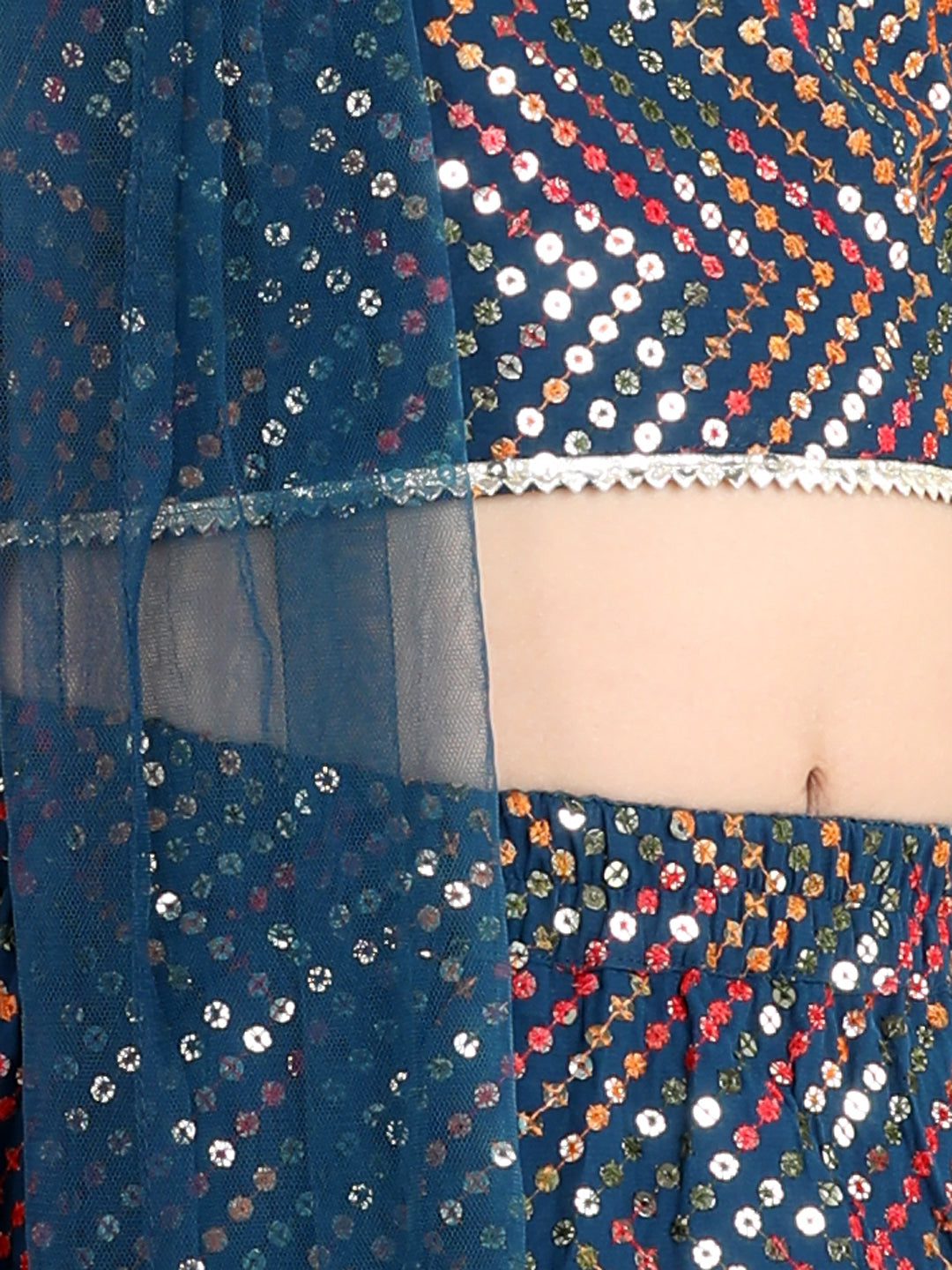 Cutiekins Sequinned Lehenga Choli & Dupatta Set-Teal Blue & Golden