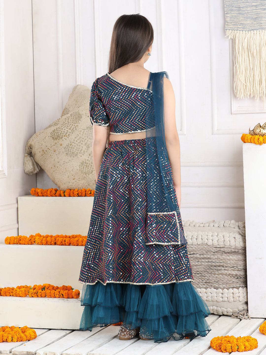 Cutiekins Sequinned Lehenga Choli & Dupatta Set-Teal Blue & Golden