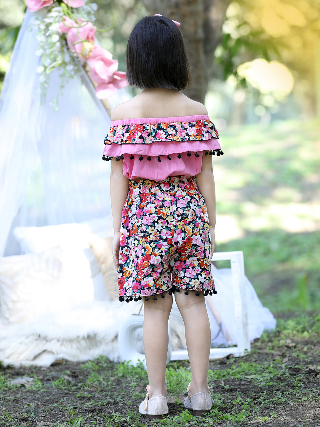 Cutiekins Off-Shoulder Solid Crop Top & Shorts Set -Light Pink & Multi