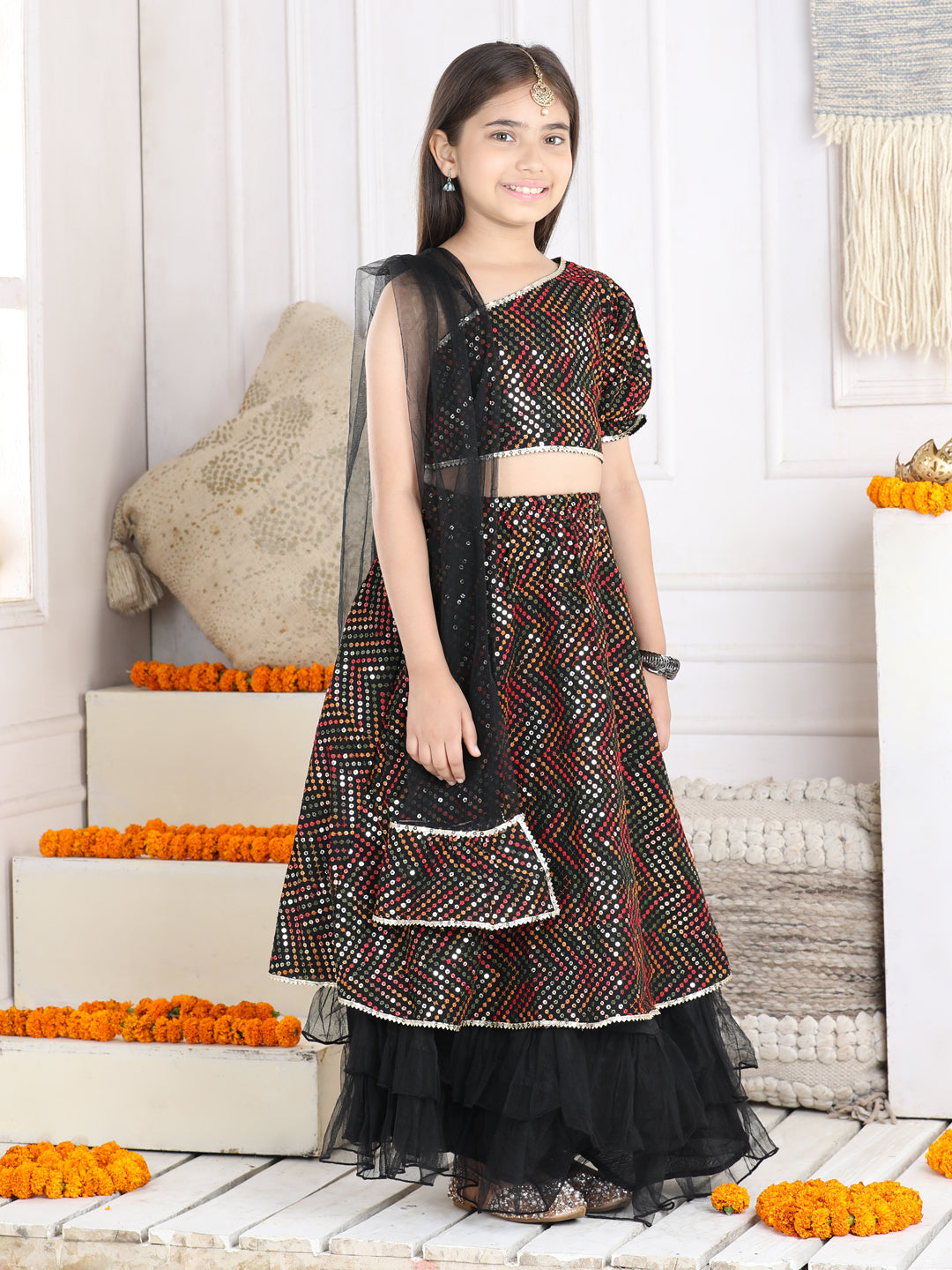 Cutiekins Sequinned Lehenga Choli & Dupatta Set-Black & Golden