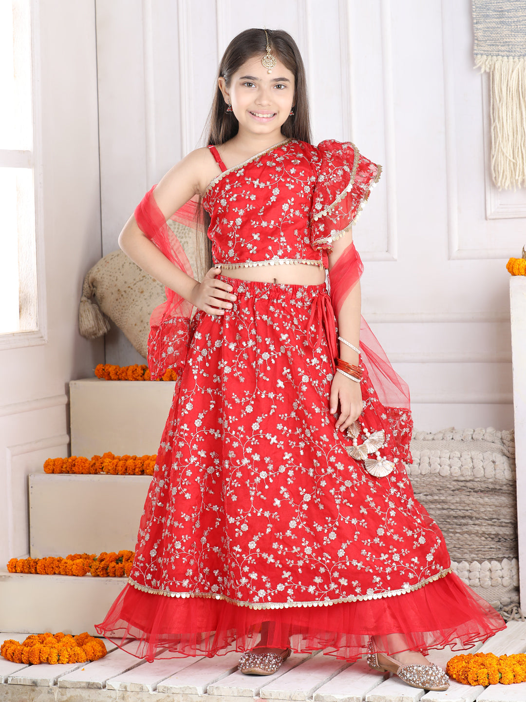 Cutiekins Sequinned Lehenga Choli & Dupatta Set-Red & Golden