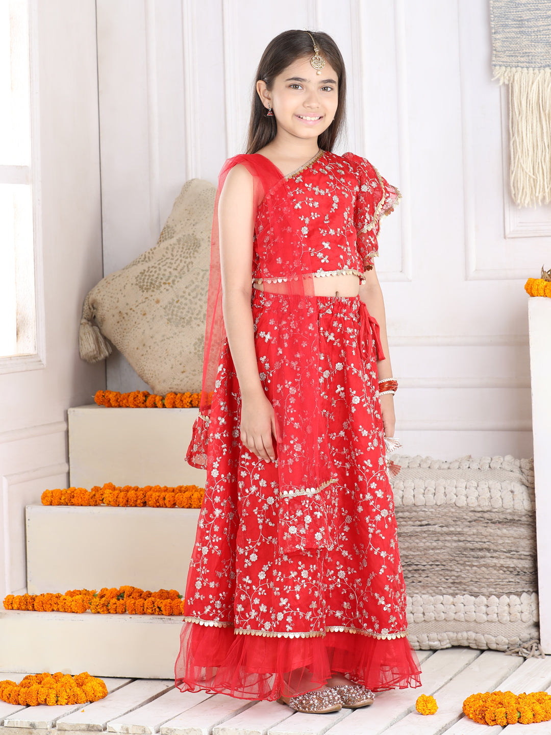 Cutiekins Sequinned Lehenga Choli & Dupatta Set-Red & Golden