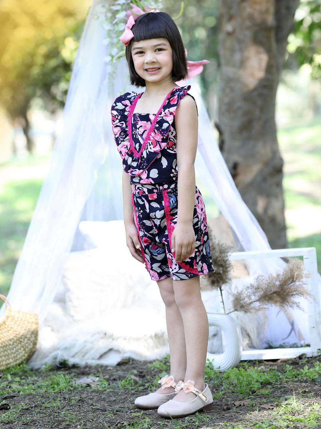 Cutiekins Square Neck Printed Crop Top & Shorts Set -Navy Blue & Pink