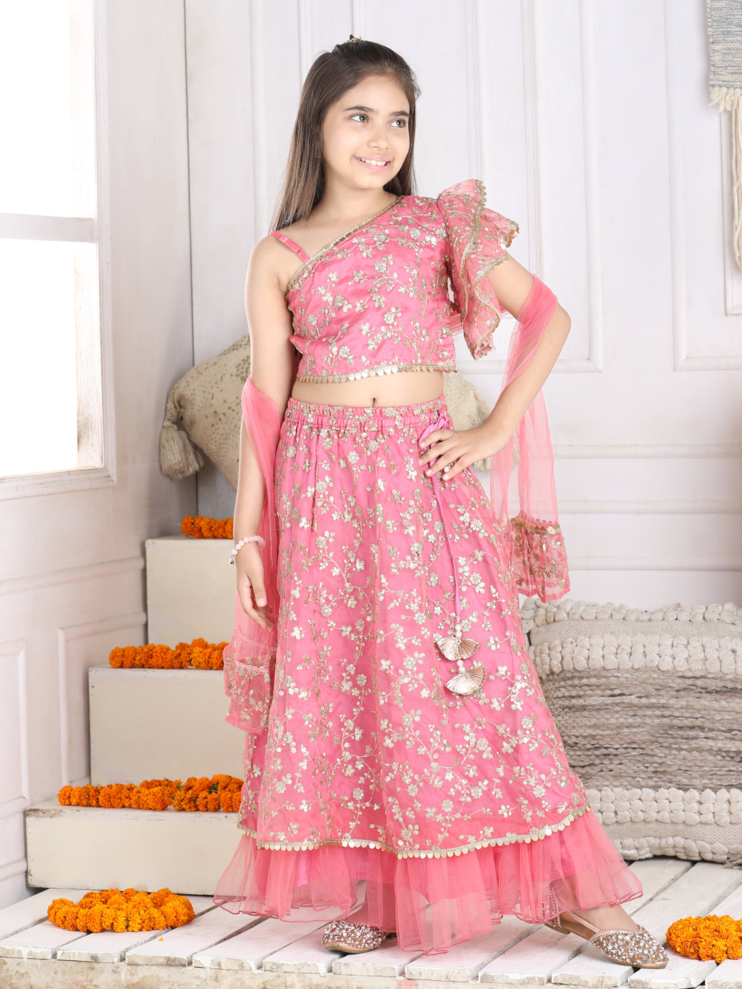 Cutiekins Sequinned Lehenga Choli & Dupatta Set-Pink & Golden