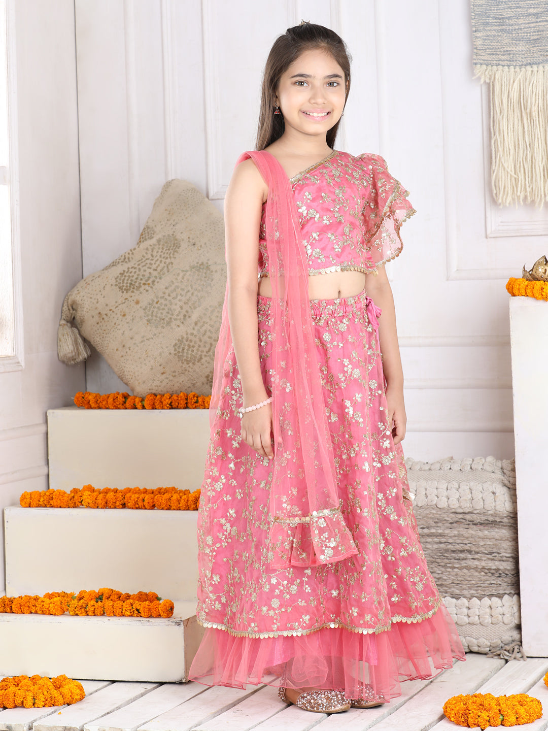Cutiekins Sequinned Lehenga Choli & Dupatta Set-Pink & Golden