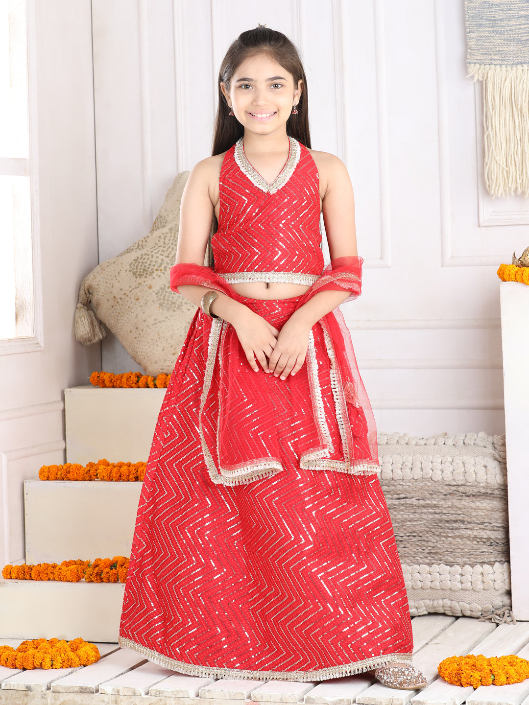 Cutiekins Sequinned Lehenga Choli & Dupatta Set-Red & Golden