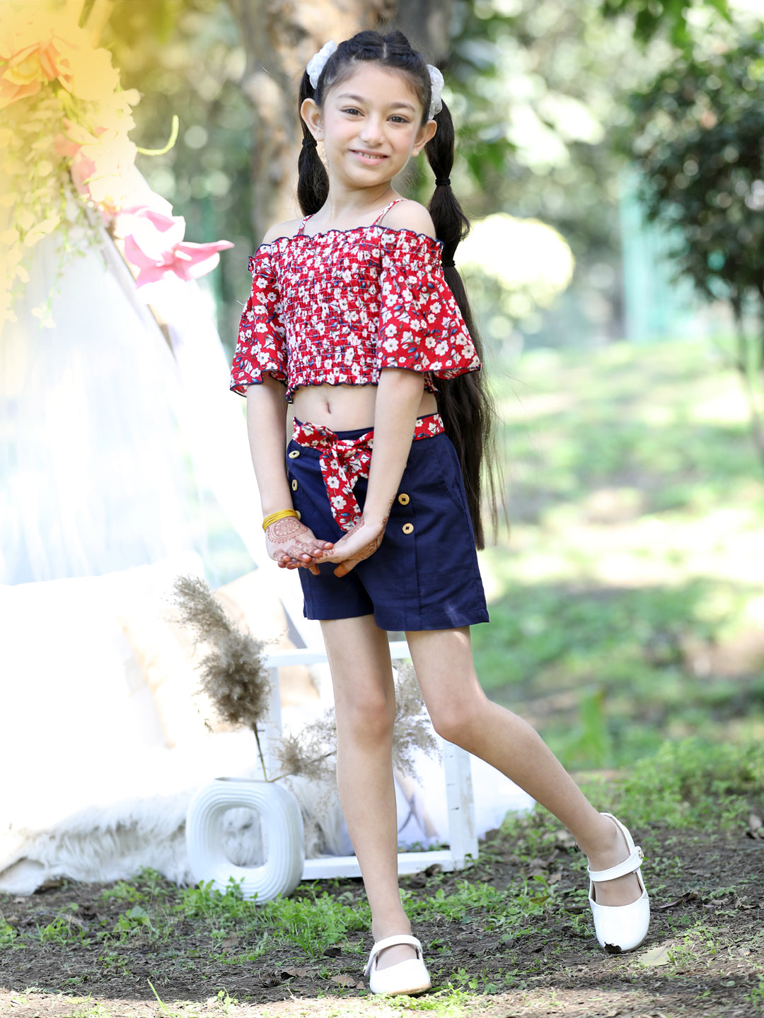 Cutiekins Shoulder Straps Printed Crop Top & Shorts Set -Red & Navy Blue
