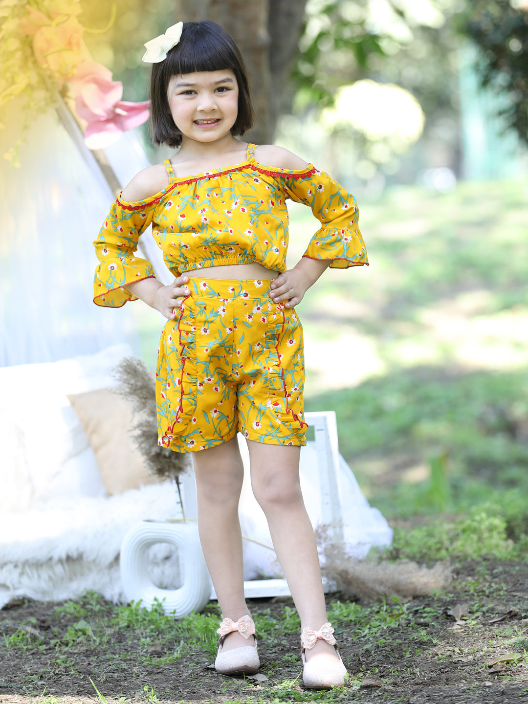 Cutiekins Shoulder Straps Printed Crop Top & Shorts Set -Yellow & Green